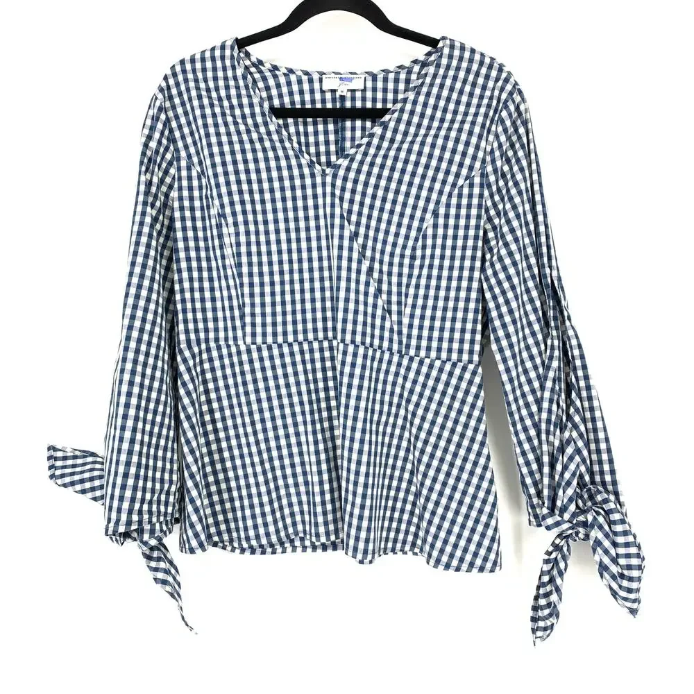 J. Crew Top X Universal Standard Sz M Gingham Tie Sleeve Blouse Blue White
